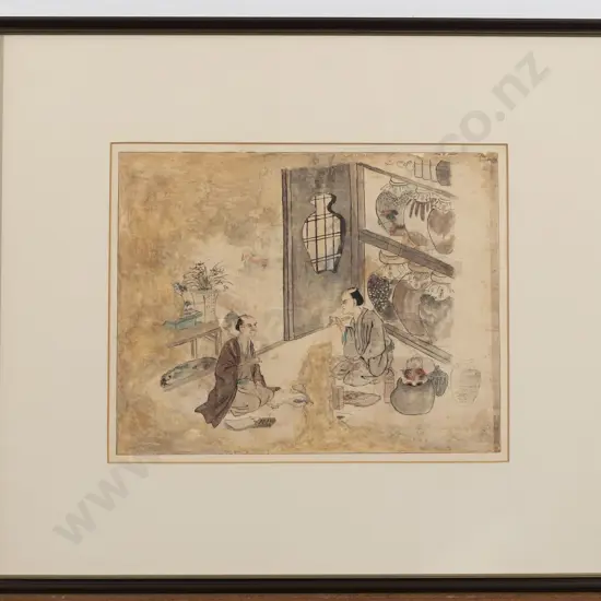 C18th Japanese Watercolour Depicting Men Drinking Tea (A/F)