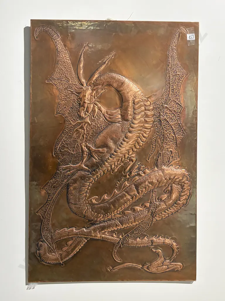 Beaten Copper Relief Panel Depicting Dragon Image 1++