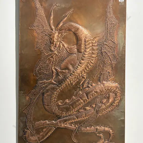 Beaten Copper Relief Panel Depicting Dragon
