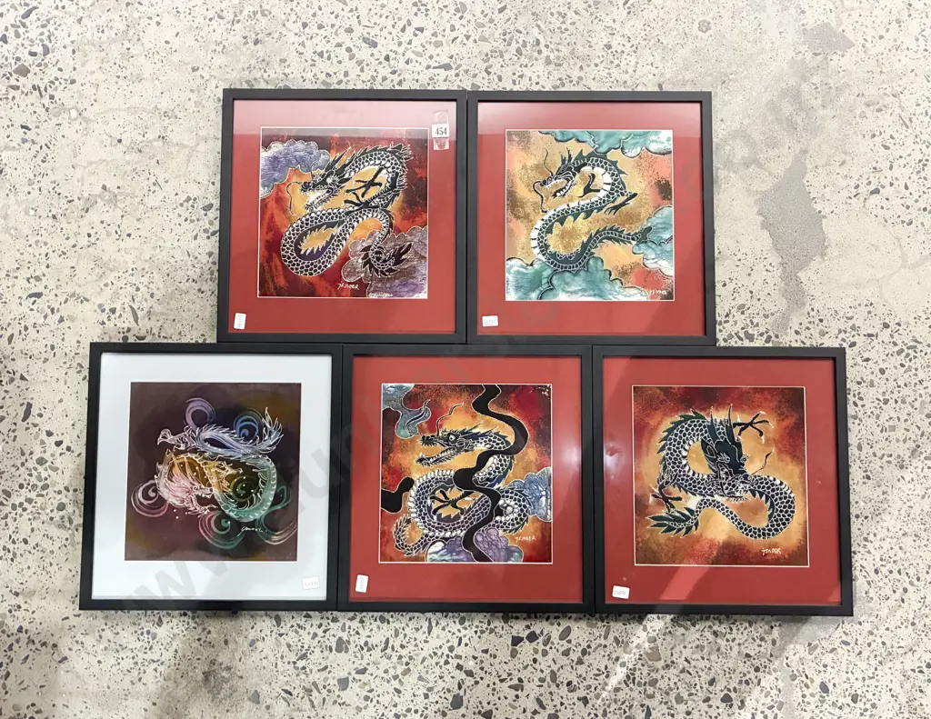 J. S. Noer - Five Framed Batik Artworks Depicting Dragons Image 1++