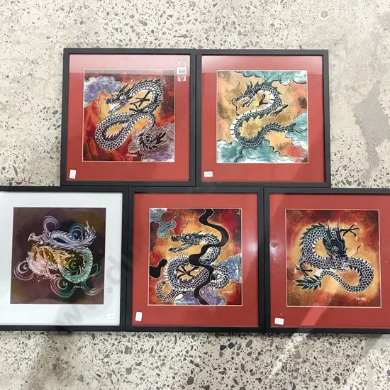 J. S. Noer - Five Framed Batik Artworks Depicting Dragons