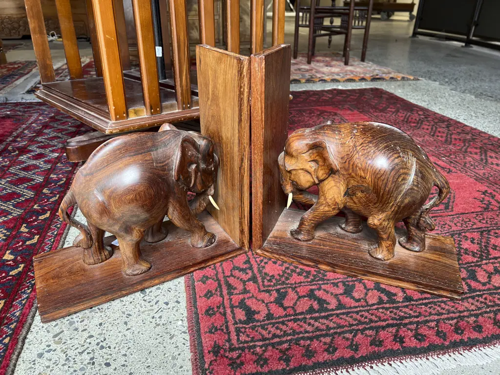 Pair of Hardwood Elephant Form Bookends Image 1++
