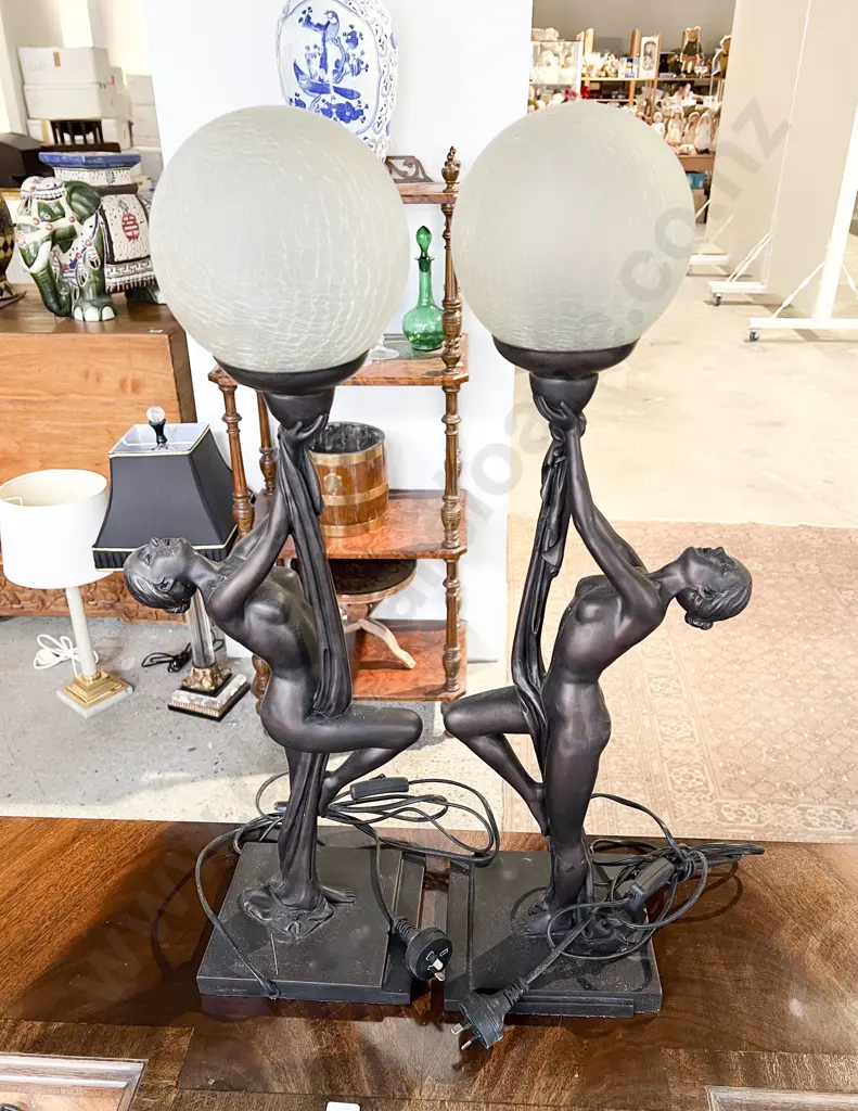 Pair of Art Deco Style Figural Table Lamps with Frosted Glass Globes Image 1++