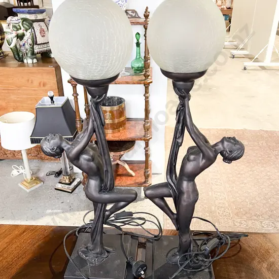 Pair of Art Deco Style Figural Table Lamps with Frosted Glass Globes