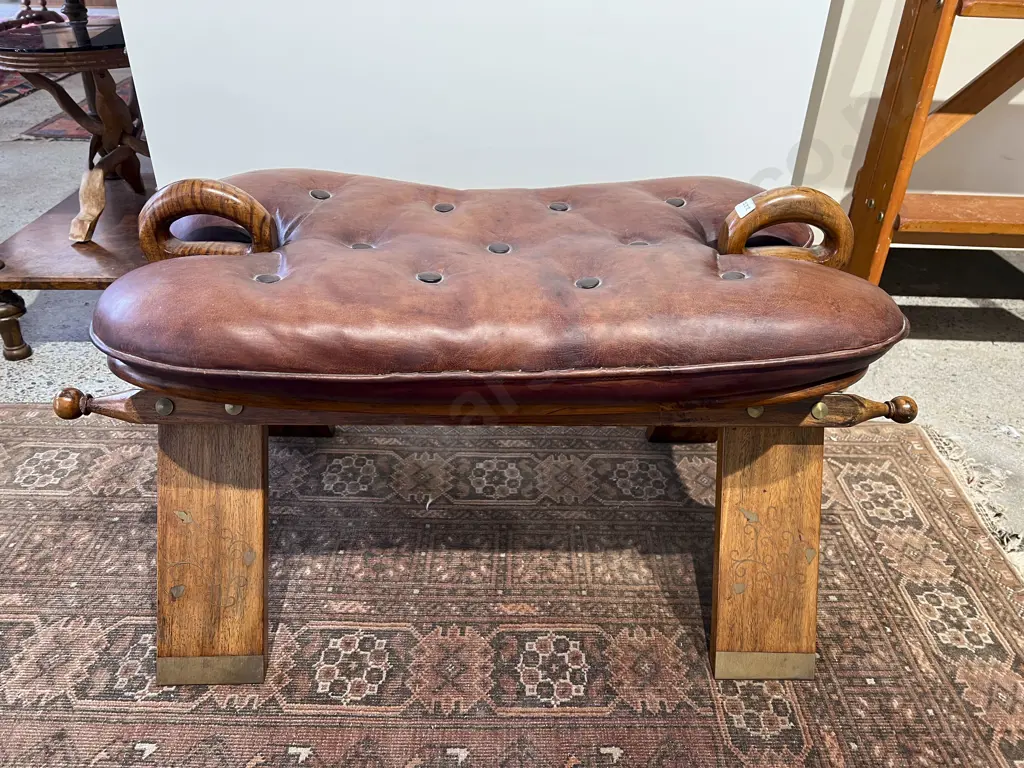 Camel Saddle Stool with Buttoned Leather Seat & Decorative Brass Inlay Image 1++