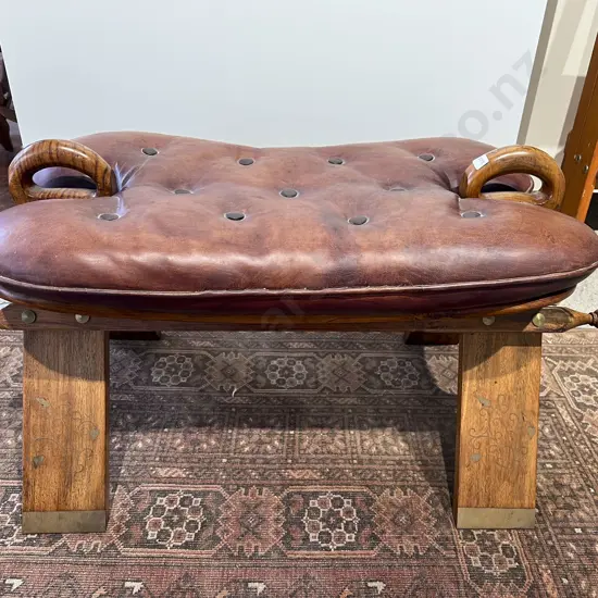 Camel Saddle Stool with Buttoned Leather Seat & Decorative Brass Inlay