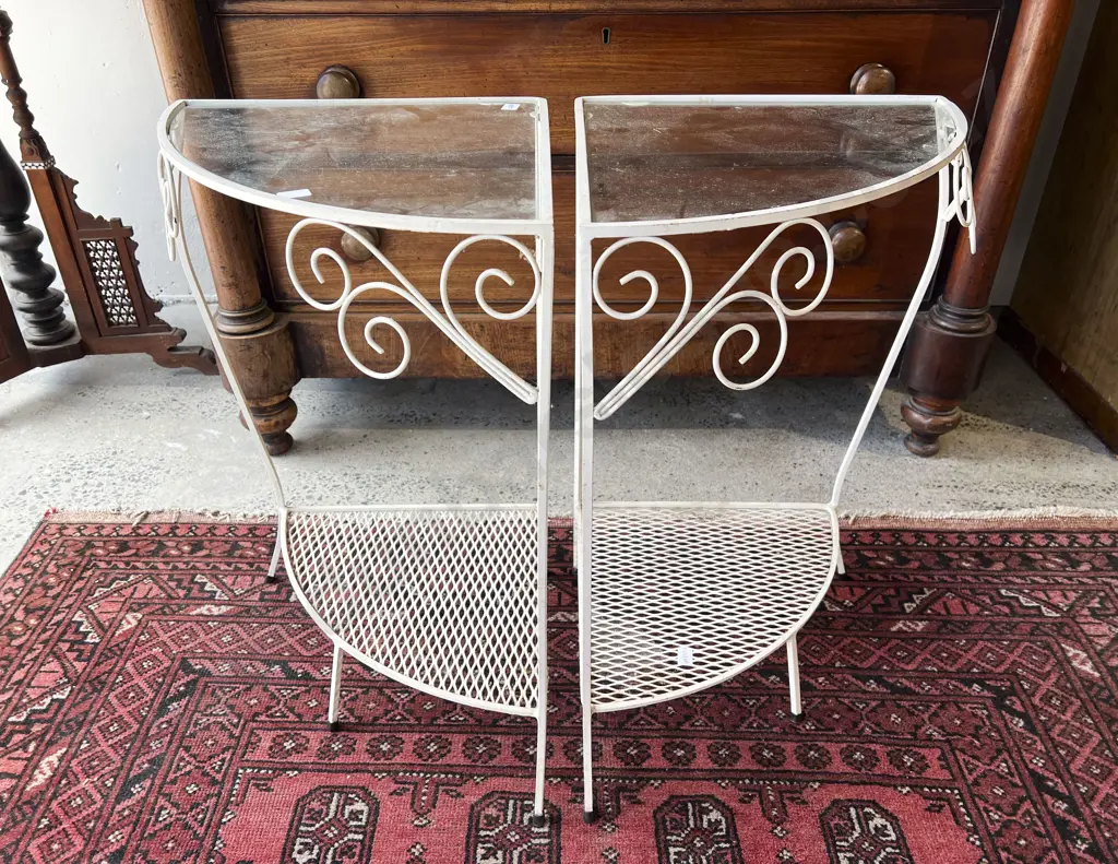 Pair of Wrought Metal Glass Top Corner Tables Image 1++