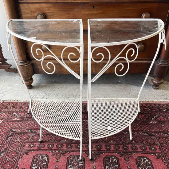 Pair of Wrought Metal Glass Top Corner Tables