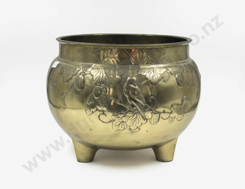 Tri Footed Large Embossed Brass Jardiniere Image 1++