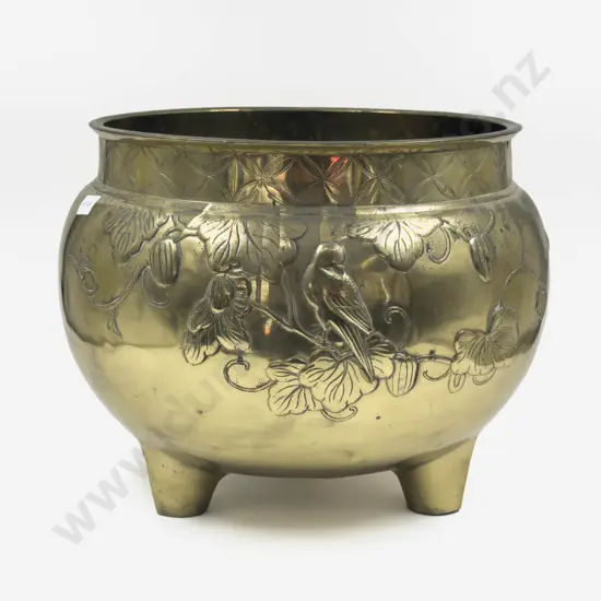 Tri Footed Large Embossed Brass Jardiniere