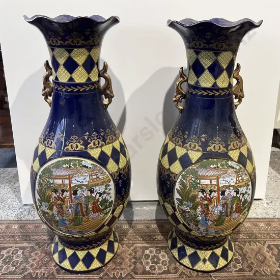 Pair of Large Japanese Cobalt Blue Mantle Vases