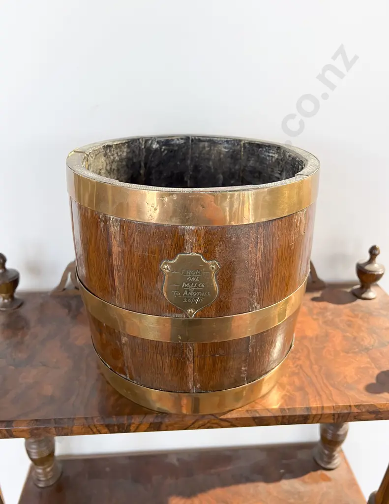 Vintage Brass Bound Oak Barrel Planter Image 1++