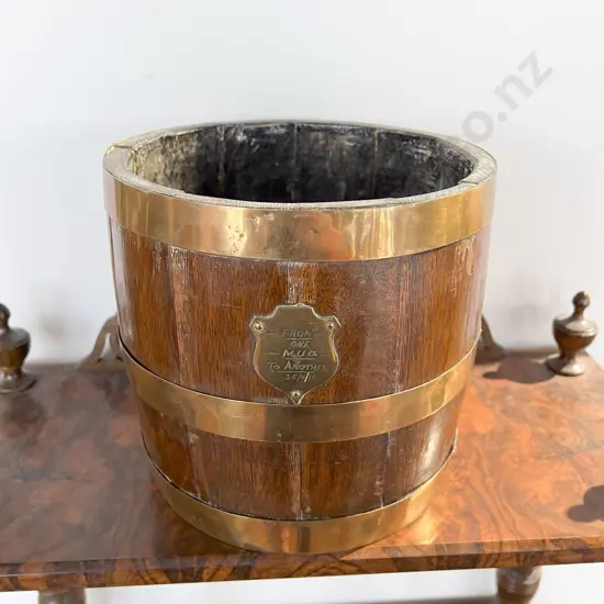 Vintage Brass Bound Oak Barrel Planter