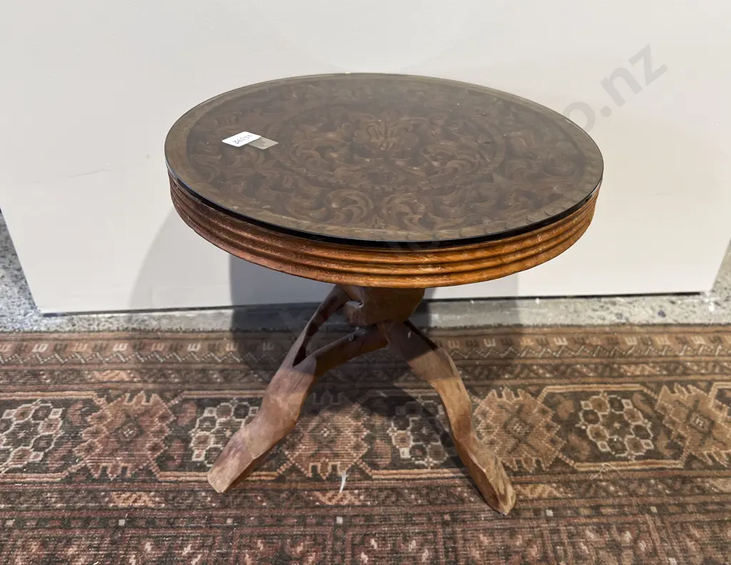 Small Carved Occasional Table with Glass Top Image 1++
