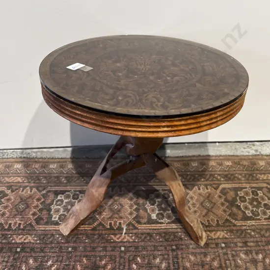 Small Carved Occasional Table with Glass Top