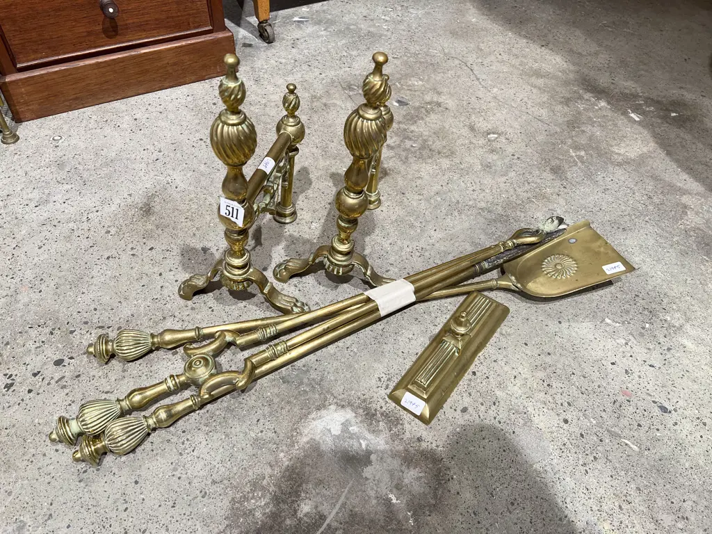 Three Pce Brass Fire Tidy with Pair of Fire Dogs & Other Image 1++
