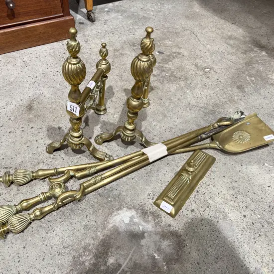 Three Pce Brass Fire Tidy with Pair of Fire Dogs & Other