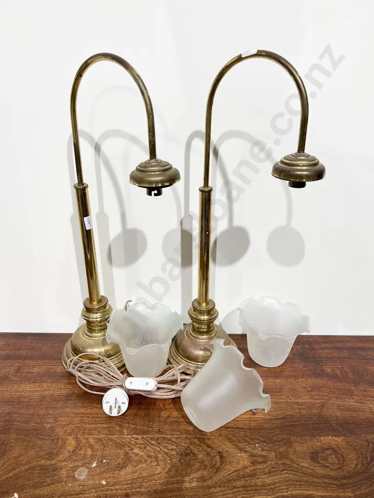 Pair of Brass Table Lamps with Glass Shades Image 1++