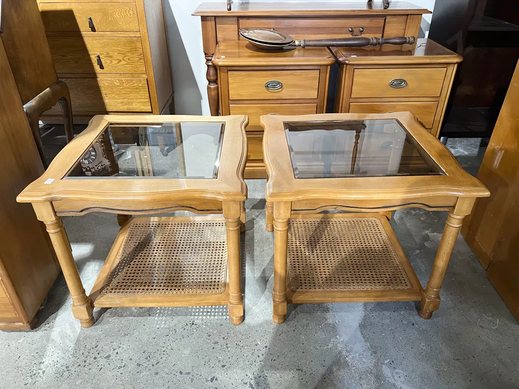 Pair of Glass Top Coffee Tables with Cane Under Tier Image 1++