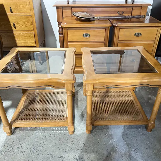Pair of Glass Top Coffee Tables with Cane Under Tier