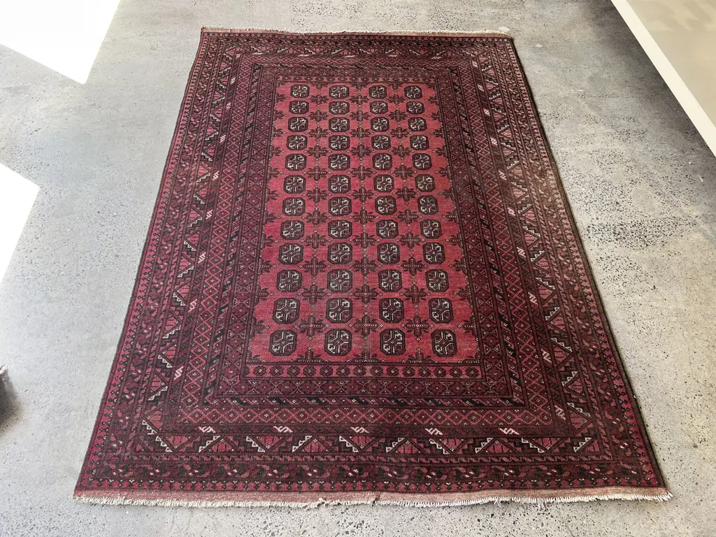 Afghan Turkoman Mauri Gol Floor Rug with Multiple Borders on Faded Red Ground Image 1++
